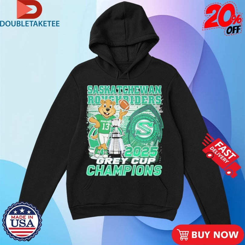 Official Saskatchewan Roughriders 2025 Grey Cup Champions Trophies Mascot Shirts
