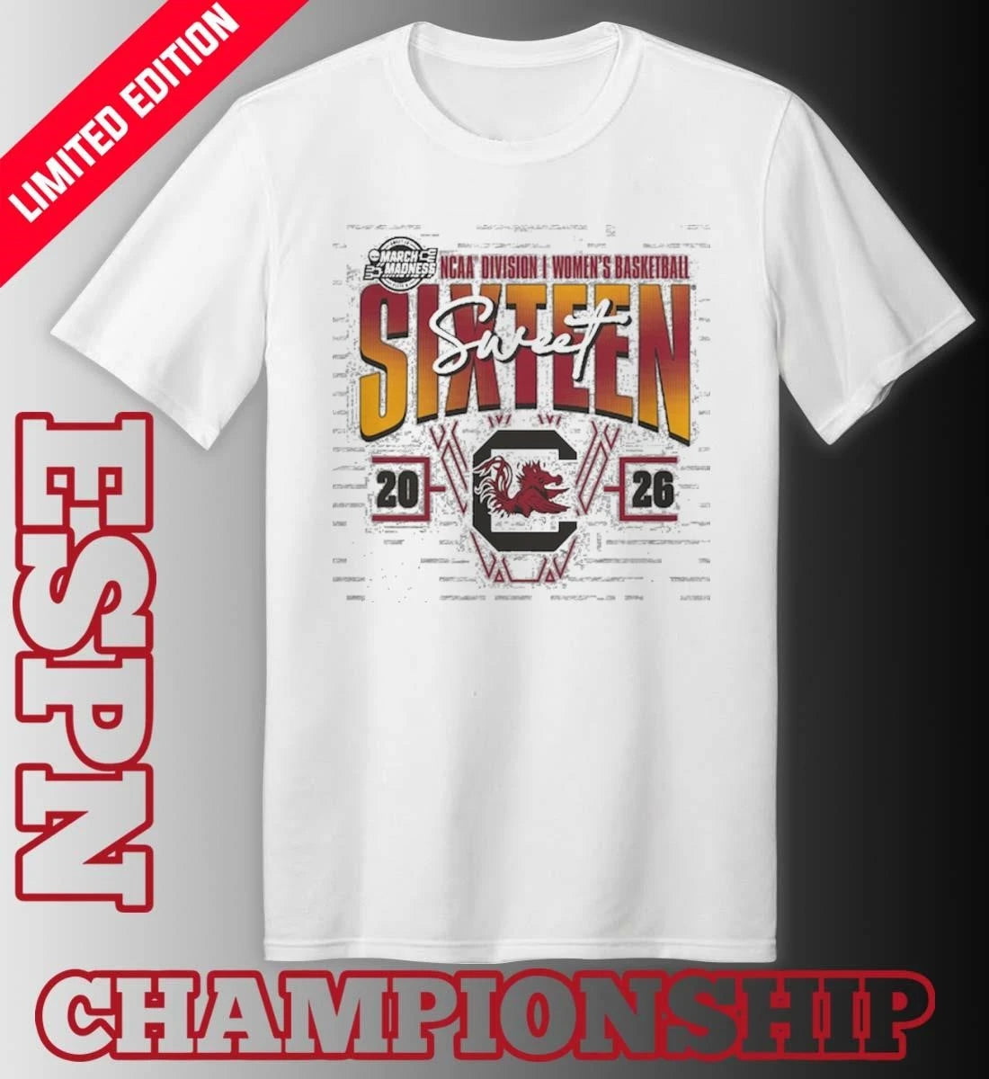 Official South Carolina Gamecocks 2026 NCAA Women’s Basketball Tournament March Madness Sweet 16 Court Shot T-Shirt