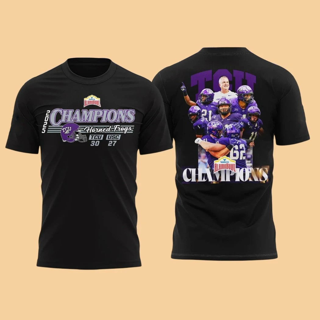 Official T-shirt commemorating the TCU Horned Frogs’ victory at the 2025 Valero Alamo Bowl