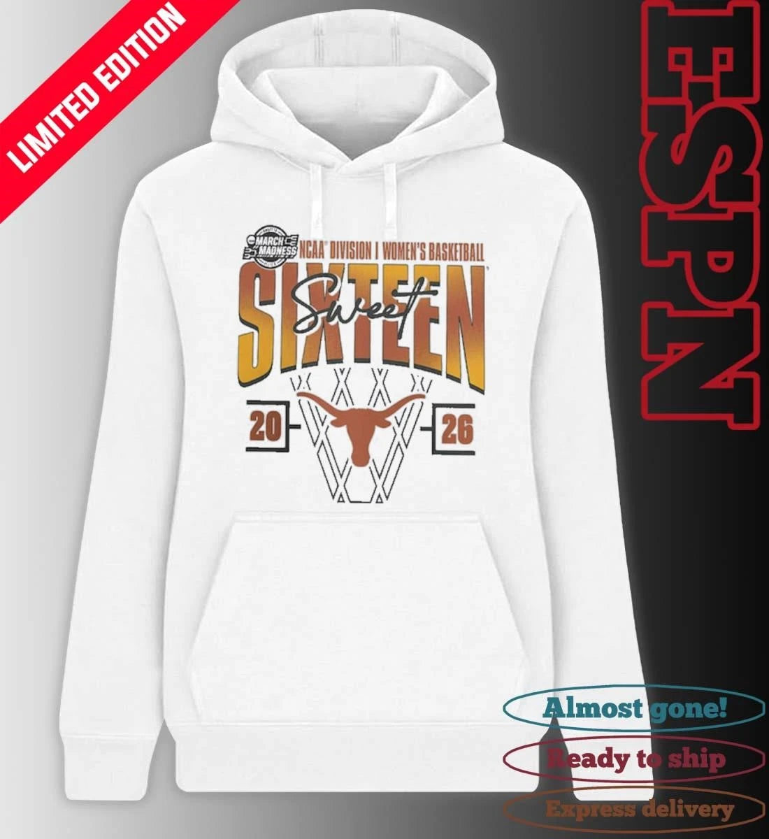 Official Texas Longhorns 2026 NCAA Women’s Basketball Tournament March Madness Sweet 16 Court Shot T-Shirt