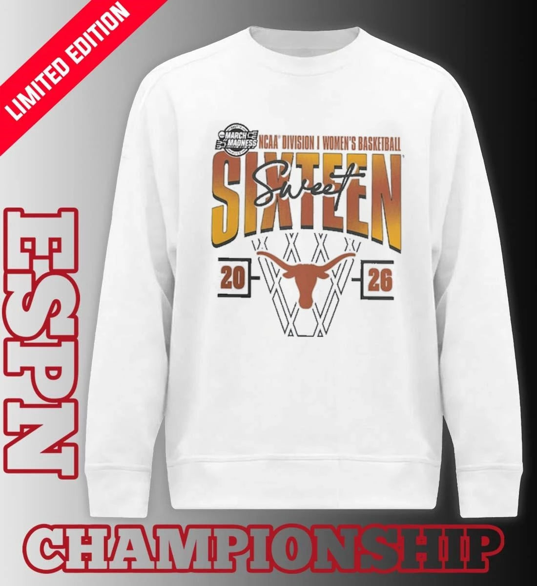 Official Texas Longhorns 2026 NCAA Women’s Basketball Tournament March Madness Sweet 16 Court Shot T-Shirt