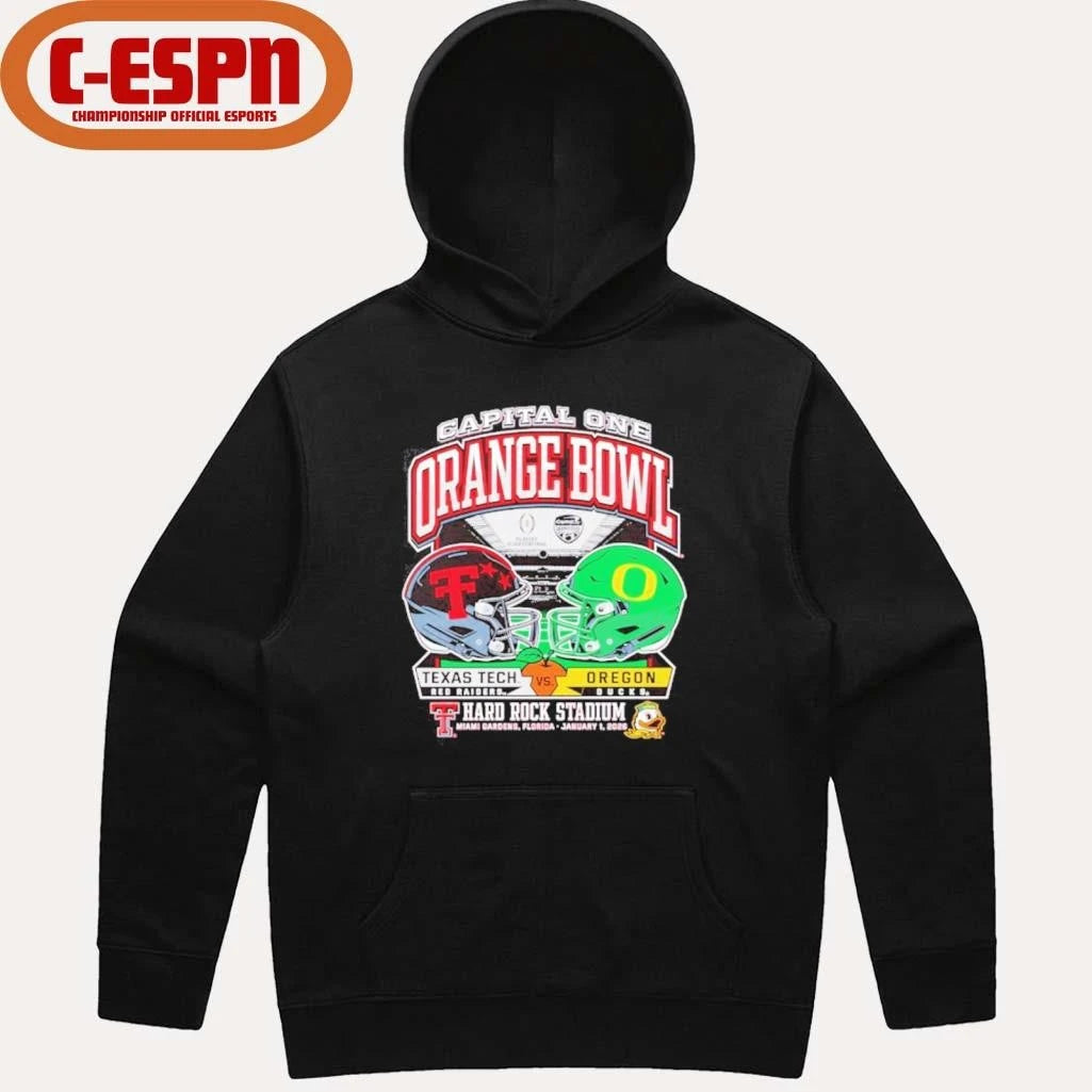 Official Texas Tech 2025 Orange Bowl Dueling Helmets vs. Oregon Shirt