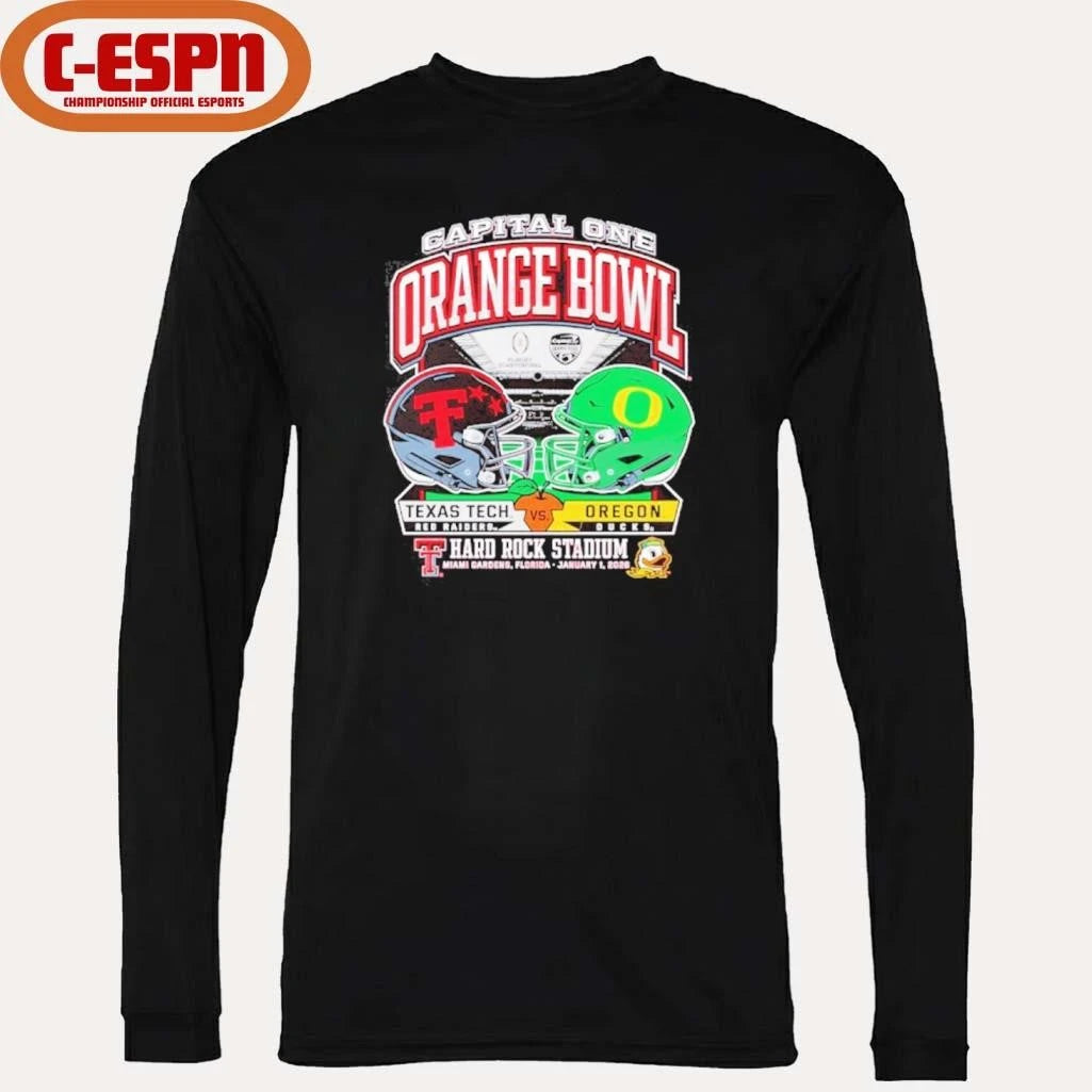 Official Texas Tech 2025 Orange Bowl Dueling Helmets vs. Oregon Shirt