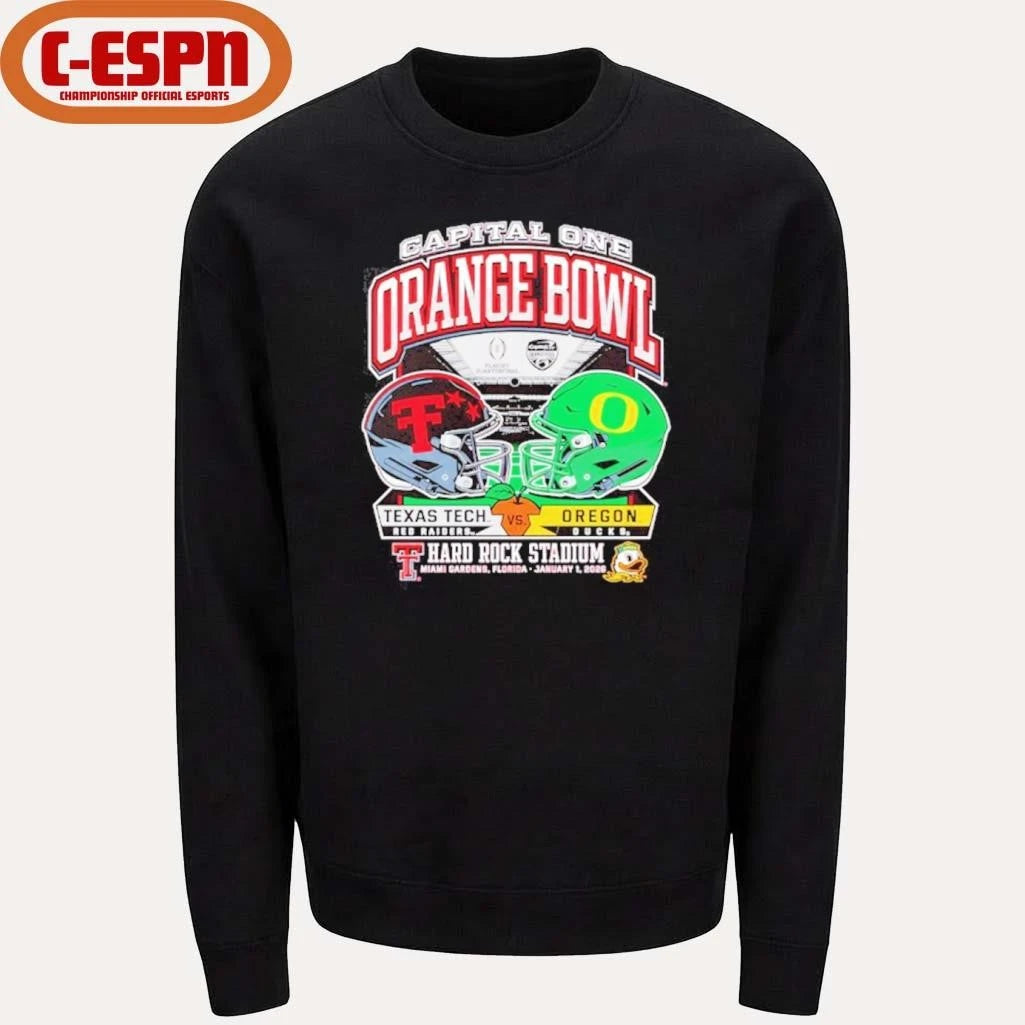 Official Texas Tech 2025 Orange Bowl Dueling Helmets vs. Oregon Shirt