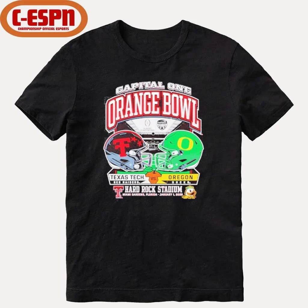 Official Texas Tech 2025 Orange Bowl Dueling Helmets vs. Oregon Shirt