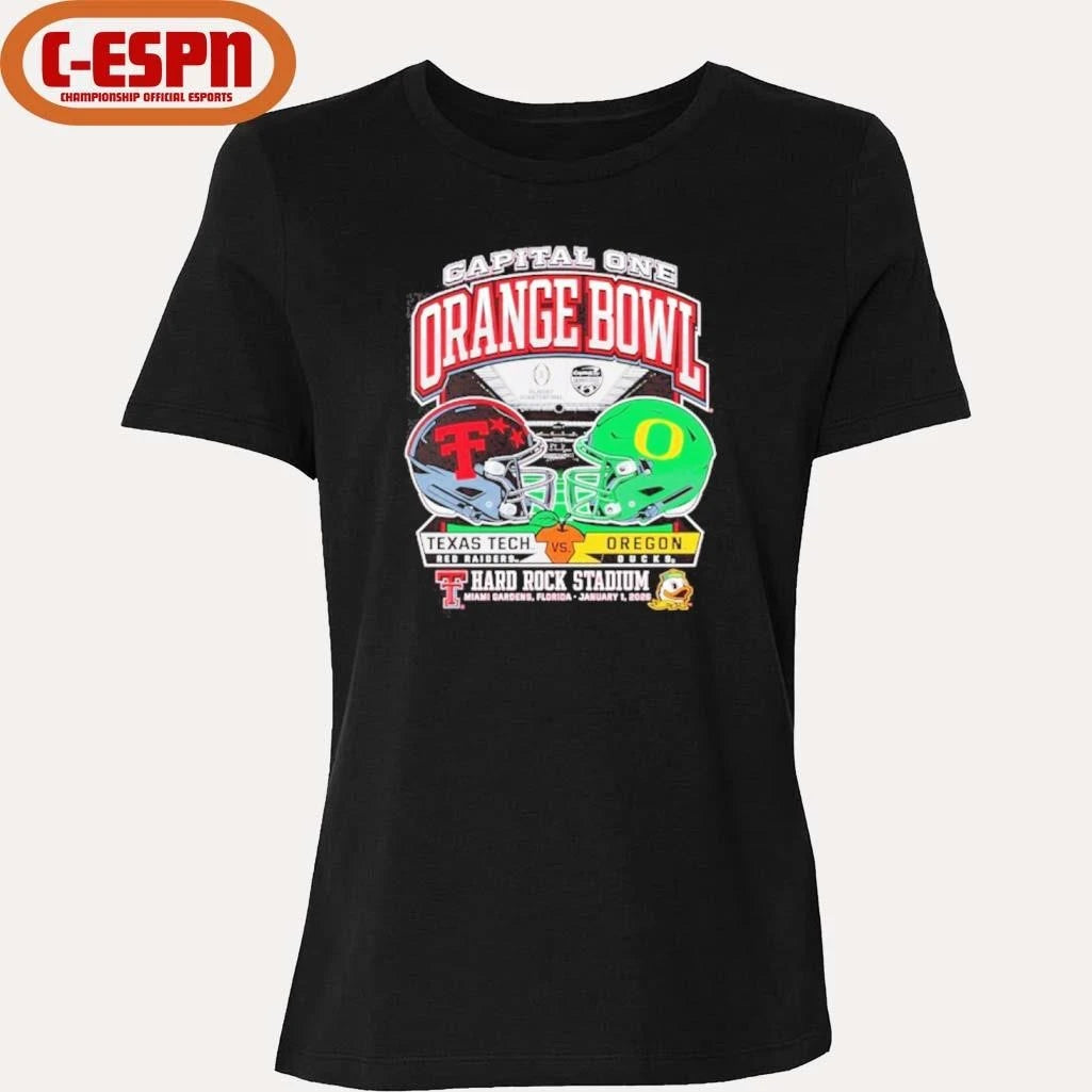 Official Texas Tech 2025 Orange Bowl Dueling Helmets vs. Oregon Shirt
