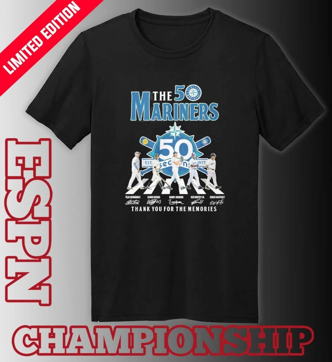 Official The Mariners Abbey Road 50th Seasons 1977-2026 Shirt