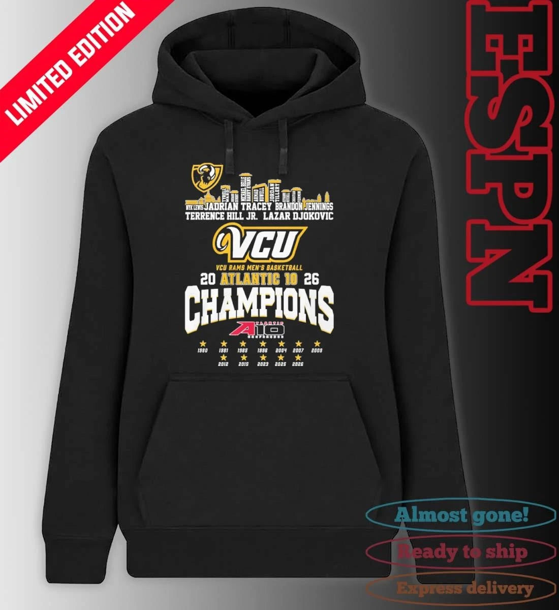 Official VCU Men’s Basketball 2026 A-10 Conference Champions Skyline Player Name Shirt