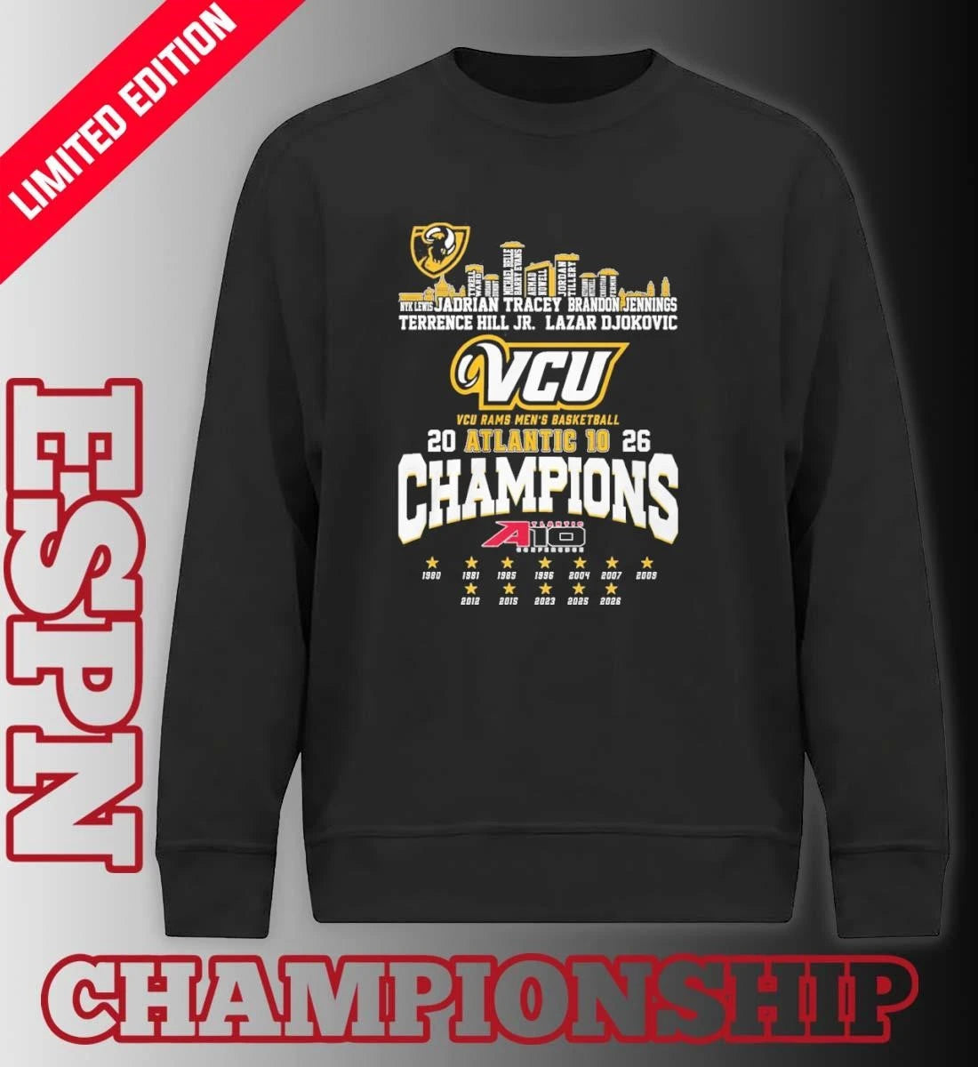 Official VCU Men’s Basketball 2026 A-10 Conference Champions Skyline Player Name Shirt