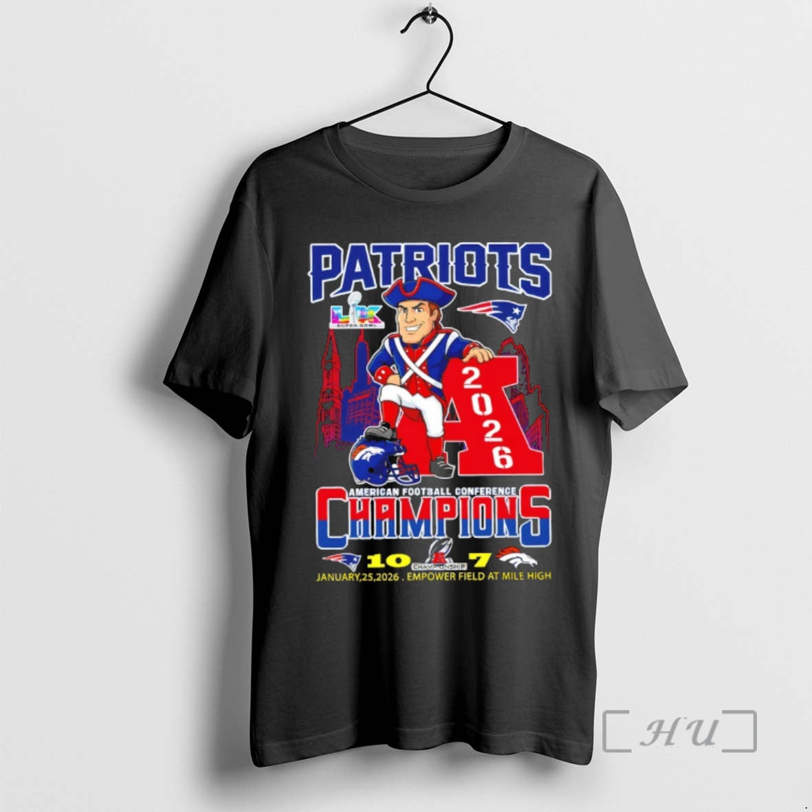 Officials New England Patriots Football Afc Champions 2026 Patriots 10 Broncos 7 Premium T Shirts Hoodie, Sweatshirt