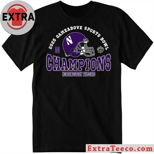 Original Celebrating the Northwestern Wildcats’ 2025 GameAbove Sports Bowl championship on December 26, 2025 at Ford Field, Detroit, Michigan Helmet And Logo Shirt