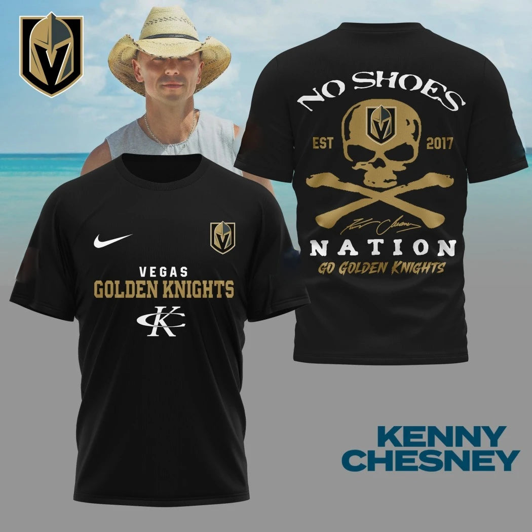 Original Kenny Chesney No Shoes Nation Vegas Golden Knights collaboration t-shirt featuring the team’s logo and a skull-and-crossbones graphic