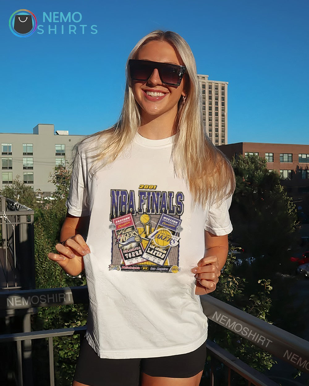 Philadelphia 76ers vs Los Angeles Lakers 2001 NBA finals tickets matchup basketball court shirt