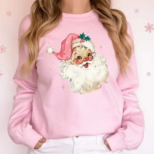 Pink Santa Christmas Sweatshirt Gift for Woman Christmas Matching Family Pajamas Retro Christmas Shirt Vintage Holiday Sweater