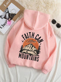 Plus Size Letter & Mountain Print Drop Shoulder Drawstring Hoodie, Fashion Casual Kangaroo Pocket Hooded Sweatshirt for Daily Holiday Outdoor Wear, Women Plus Clothing for Fall & Winter