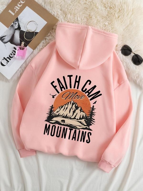Plus Size Letter & Mountain Print Drop Shoulder Drawstring Hoodie, Fashion Casual Kangaroo Pocket Hooded Sweatshirt for Daily Holiday Outdoor Wear, Women Plus Clothing for Fall & Winter