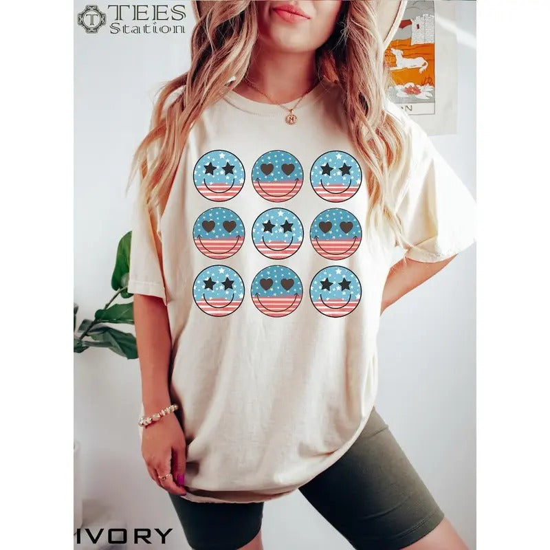 Premium  USA Flag Smiley Face Shirt, 4th of July Shirt, USA Graphic Tee, 4th of July Shirt For Women, Patriotic Womens...
