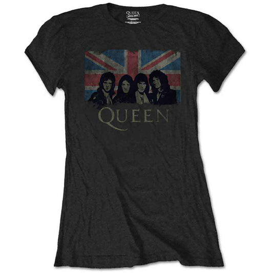 Queen Ladies Slim Fit T-Shirt: Union Jack Vintage (Retail Pack)