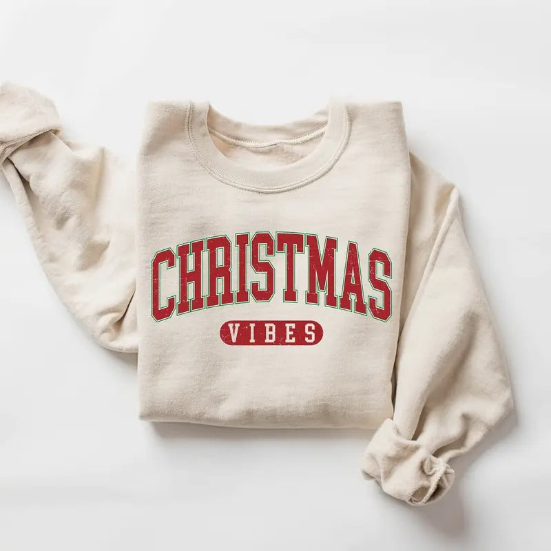 Retro Christmas Vibes Sweatshirt, Cute Christmas Sweatshirt, Xmas Winter Holiday Sweater, Women Christmas Gift, Winter Sweatshirt