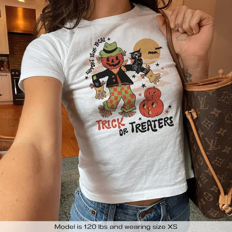 Retro Pumpkin Owl Trick Or Treat Halloween Y2k Baby Tee Y2k Shirt Halloween Baby Tee Vintage 90s Aesthetic Baby Tee Shirt Gift Spooky Party