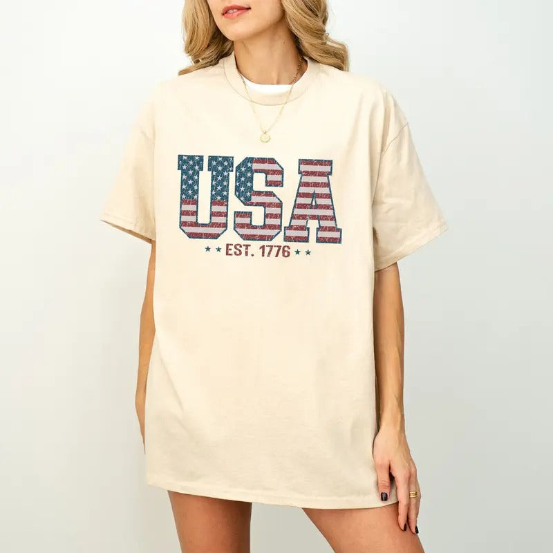 Retro USA  Shirt, America 4th of July T-Shirt, USA Flag Tee, Stars and Stripes Tee, American Women T-Shirt Hoodie, Sweatshirt