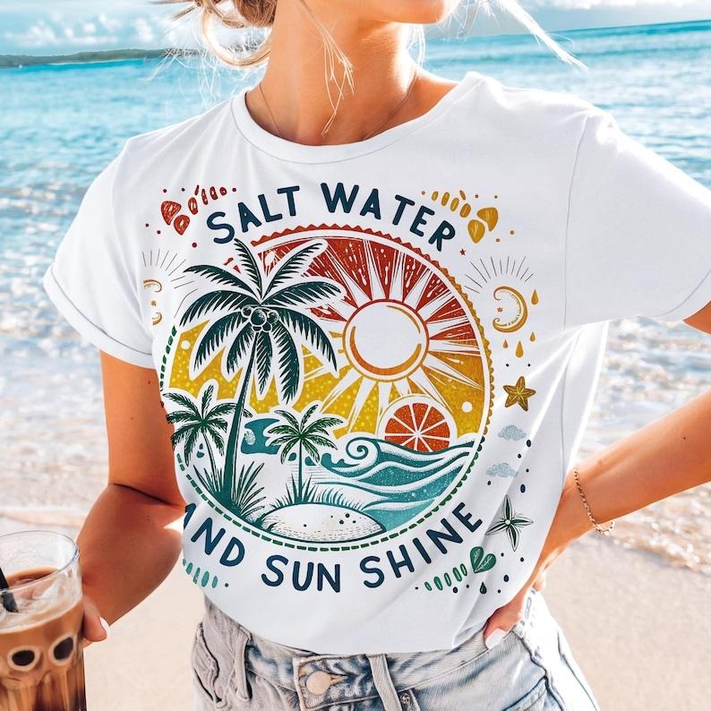 Salt Water And Sun Shine Tshirt, Summer Tee, Retro Beach Shirt, Cute Summer Trendy T-Shirt