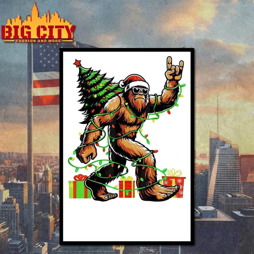 Santa Bigfoot Christmas Tree Xmas Lights Shirt
