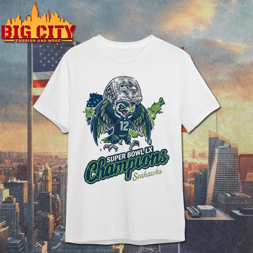 Seattle Football 2026 Champion Hawk Mascot with Victory Ring Shirt