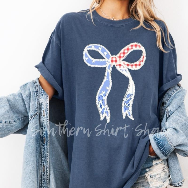 Shabby Chic Patriotic Bow t shirt  | Denim comfort colors t shirt | 4th of July T shirt Hoodie, Sweatshirt | ZylaModa.com