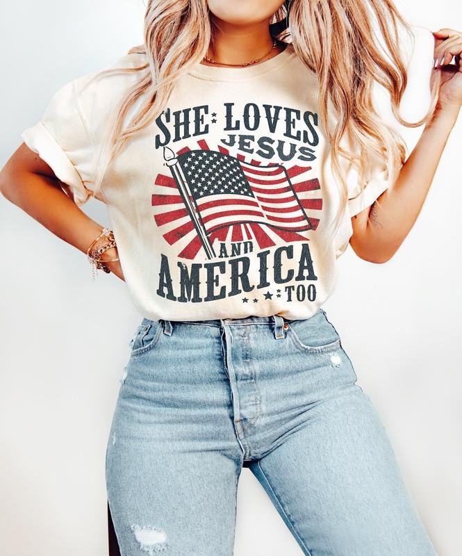 She Loves Jesus And America Too Shirt, July Of 4th, Patriotic, America, USA Shirt, 4th Of July Gift, Christian, USA Flag,...