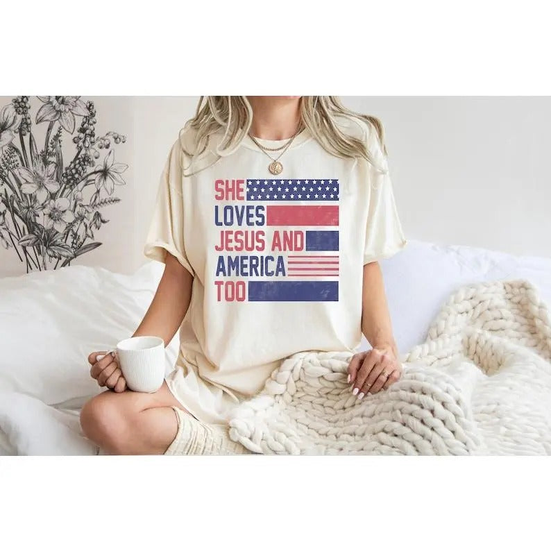 She Loves Jesus and America Too T Shirt, Spiritual Women Tee, Religious 4th of July Shirt, Christian Fourth of July Gift,...