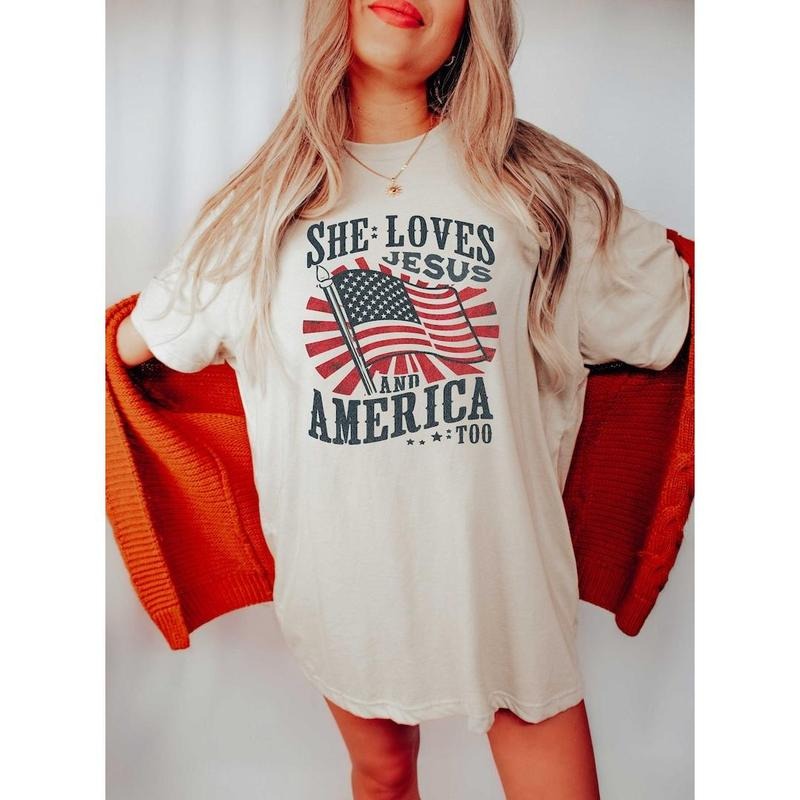 She Loves Jesus and America Too, Cute Patriotic Shirt, Graphic Tee, Graphic Sweatshirt, 4th of July Shirt, Cute Fourth of...