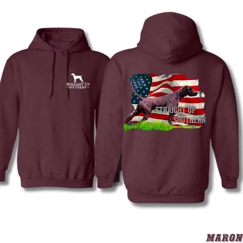 Straight Up Southern Hoodie - Patriotic Hunting Dog Design with American Flag, Perfect for Southern Pride and Outdoor Enthusiasts, Unisex Hoodie for Comfort and Style Menswear Sweaters