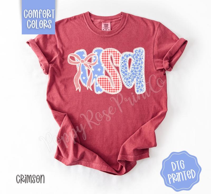 USA Bow Shirt Comfort Colors, July 4th TShirt, Trendy Patriotic Tee, Gift for Her Hoodie, Sweatshirt | ZylaModa.com