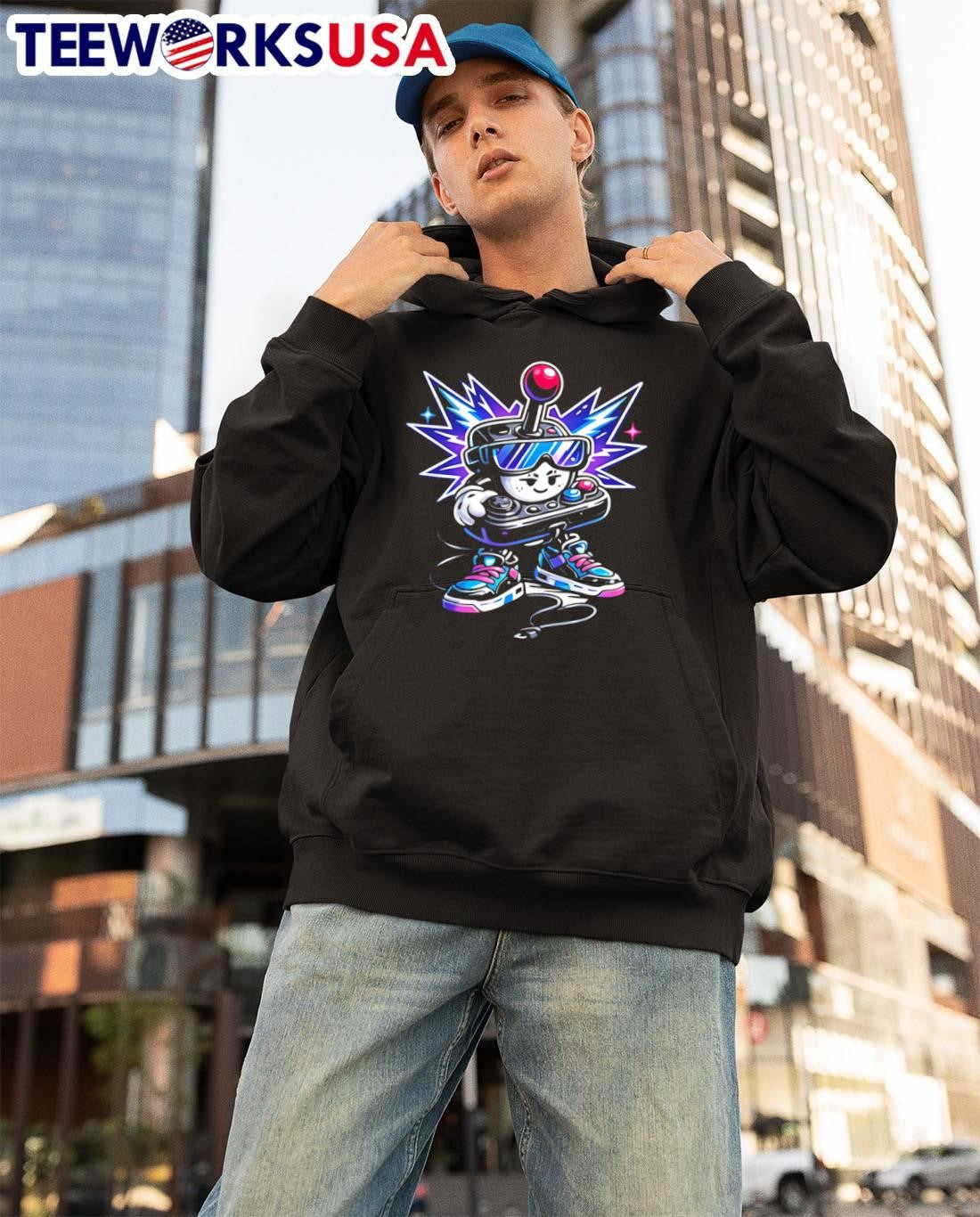 Video game controller character with sunglasses and sneakers shirt
