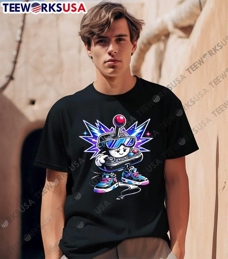 Video game controller character with sunglasses and sneakers shirt