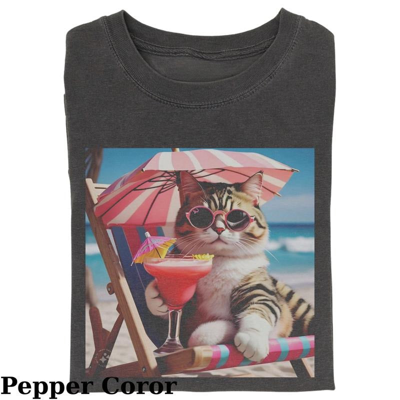Vintage Cat Drinking Water On The Beach T-Shirt, Fantasy Kitten Tshirt, Cute Cat Shirt, Cool Cat Tshirt, Love Cat Tshirt, Meme Cringe Funny Dumb Shirts, Summer 2025 T-shirt, Unisex Shirt Menswear Womenswear Streetwear