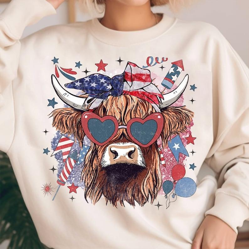 Western America Highland Cow , America Shirt, 4th Of july, Western , American Flag , Usa, America Designs, Freedom ...
