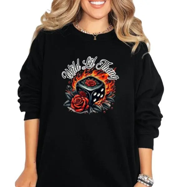 Wild Thing Graphic Tee, Sweatshirt & Hoodie | Blaze of Fire & Dice Graphic Casual T-Shirt | Edgy Rock & Roll Streetwear | Bold Lover's Apparel