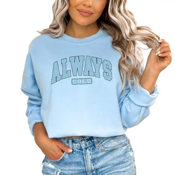 Light Blue 'ALWAYS COLD' Hoodie/Sweatshirt | Minimalist Tone-on-Tone Graphic | Christmas/Winter Theme | Cozy & Stylish...