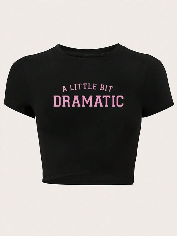 Women's "A LITTLE BIT DRAMATIC" Letter Print Short Sleeve Crop Tee, Fashion Casual Crew Neck T-shirt for Daily Outdoor...