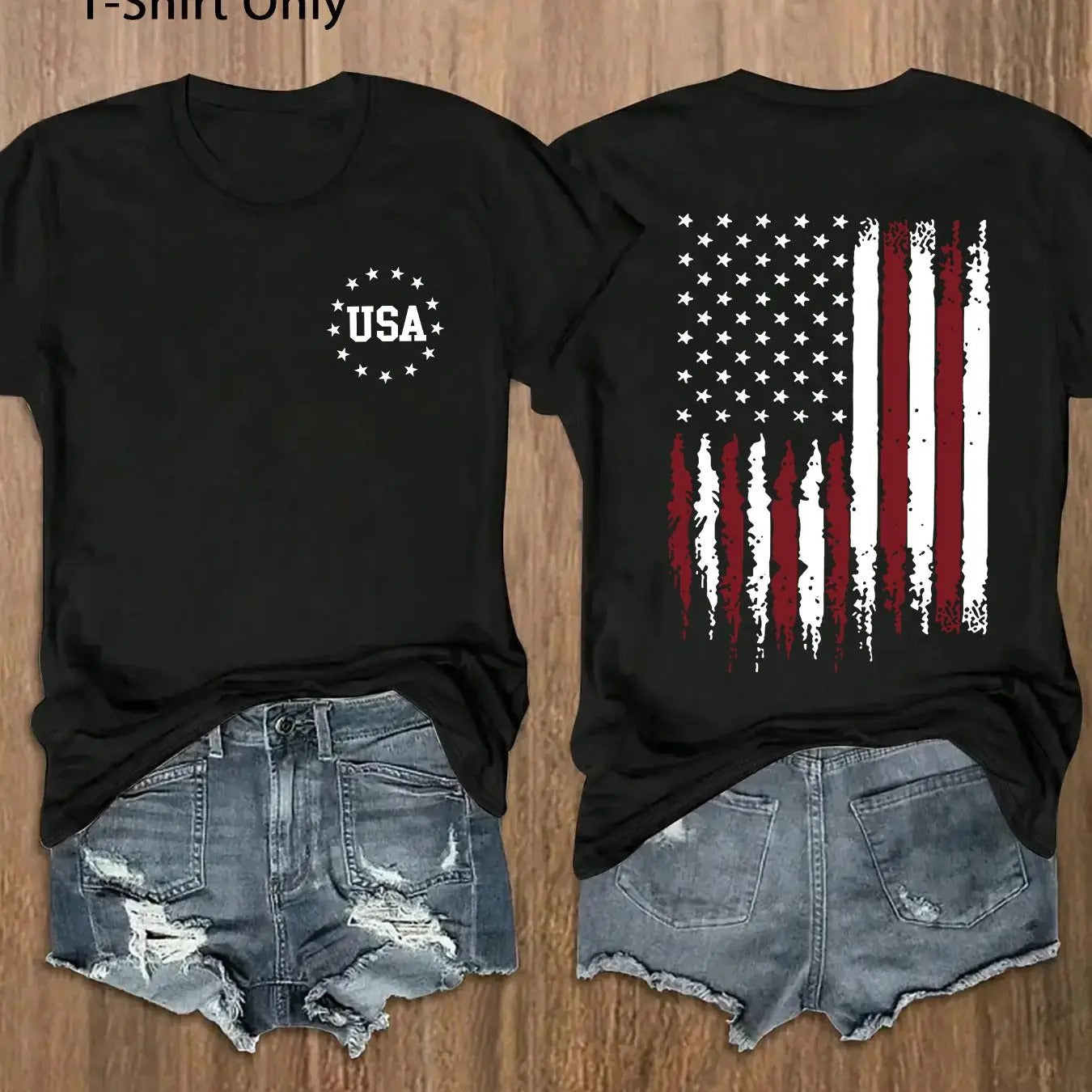 Women's American Flag & Letter Print Round Neck Tee, Casual Short Sleeve Crew Neck T-shirt for Daily Wear, Ladies Clothes for All Seasons