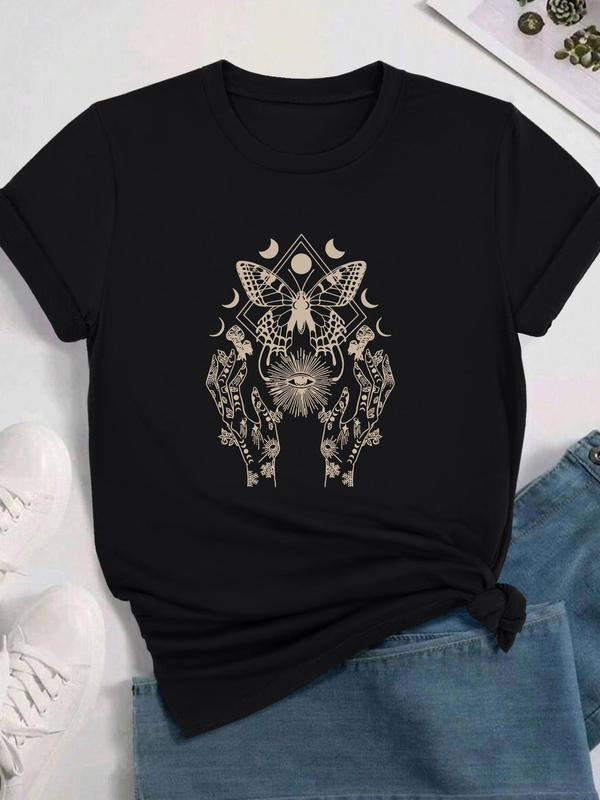 Women's Butterfly & Moon Print Round Neck Tee, Trendy Casual Crew Neck Short Sleeve T-shirt for Daily Wear, Ladies All Seasons Outfit, Top