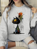 Women's Cartoon Cat Print Round Neck Pullover, Fashion Casual Crew Neck Sweatshirt for Daily Holiday Outdoor Wear, Women Clothing for Fall & Winter