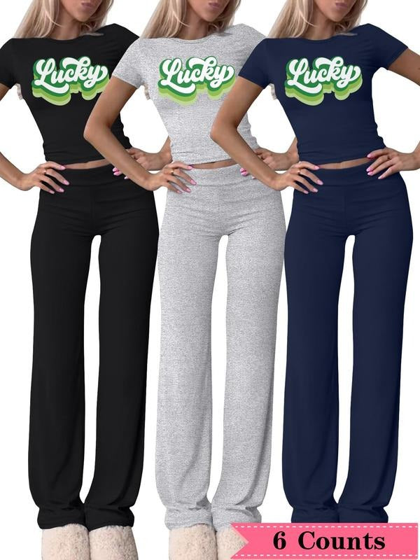 Women's Letter Print Tee & Pants Set, Casual Round Neck Short Sleeve T-Shirt & Trousers, Ladies Summer Clothes