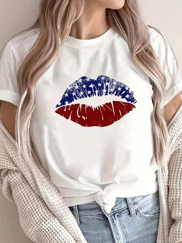 Women's Lips Print Round Neck Tee, Vintage Trendy Casual Short Sleeve T-shirt for Daily Wear, Ladies All-match Streetwear Top