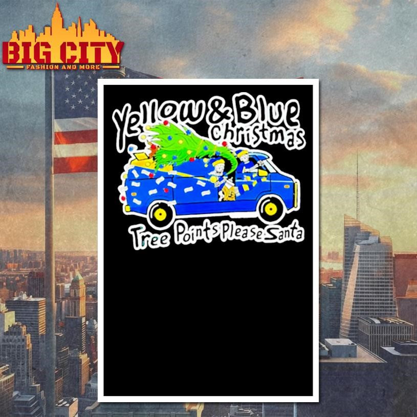 Yellow and Blue Christmas Tree Points Please Santa shirt