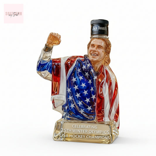 American Flag USA Hockey Commemorative 25th Winter Olympics Trophy Whiskey Bottle