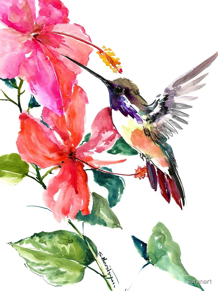 Hummingbird and Hibiscus Flowers by surenart