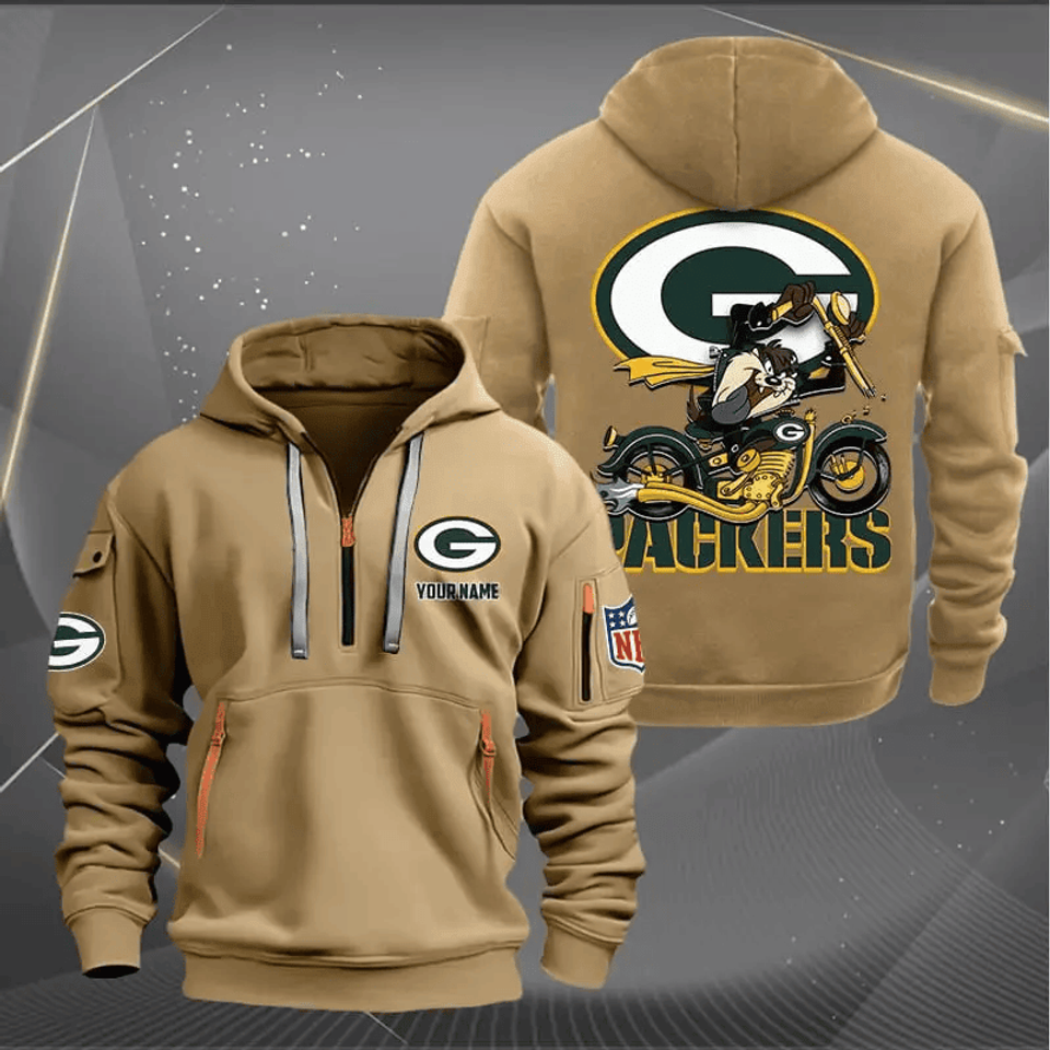 Green Bay Packers Quarter Zip Hoodie Biker Taz Custom Name Gift For Fan